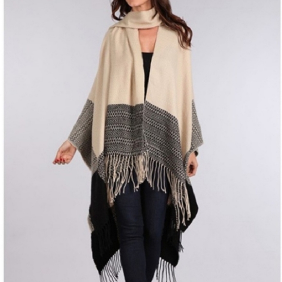 Tan and Black Fringe Hem Scarf Shawl - Picture 2 of 4